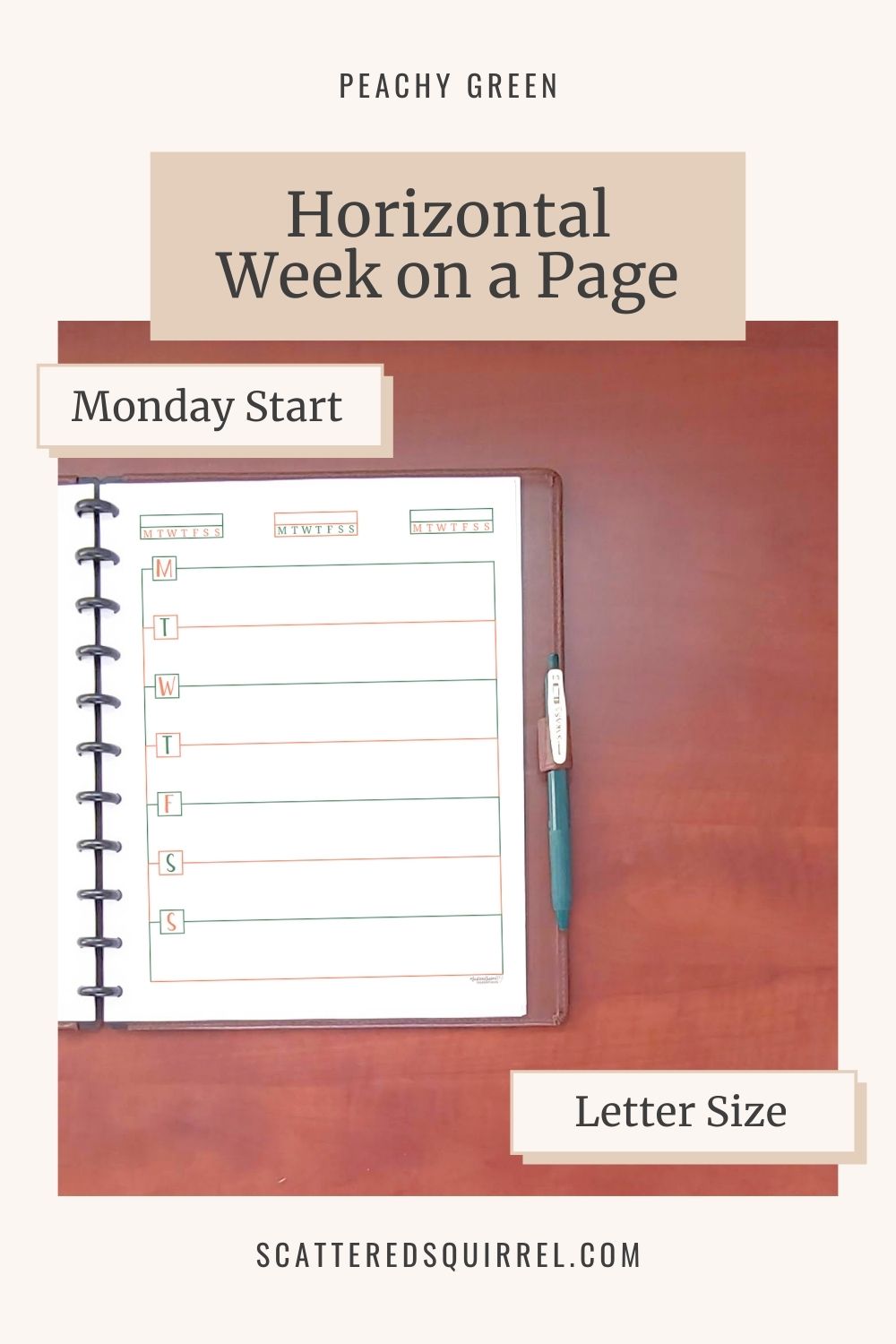 This image links to the letter size, Monday start, Horizontal Week on a Page printable PDF from the Peachy Green Collection.