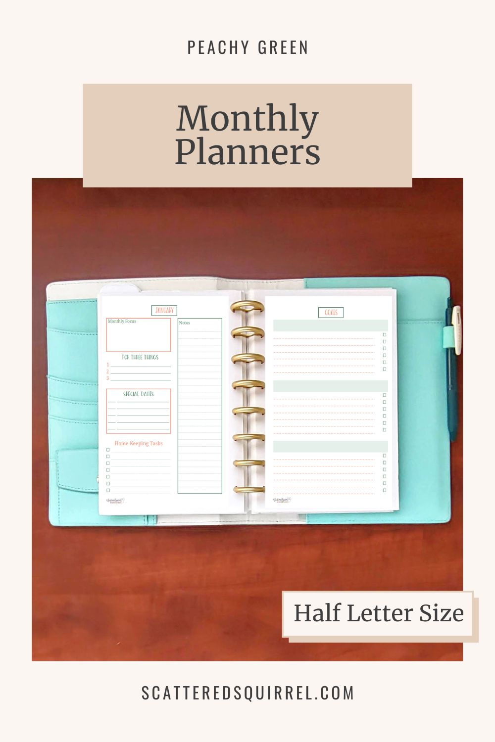 This image links to the half letter size,Monthly Planners printables PDF from the Peachy Green Collection.