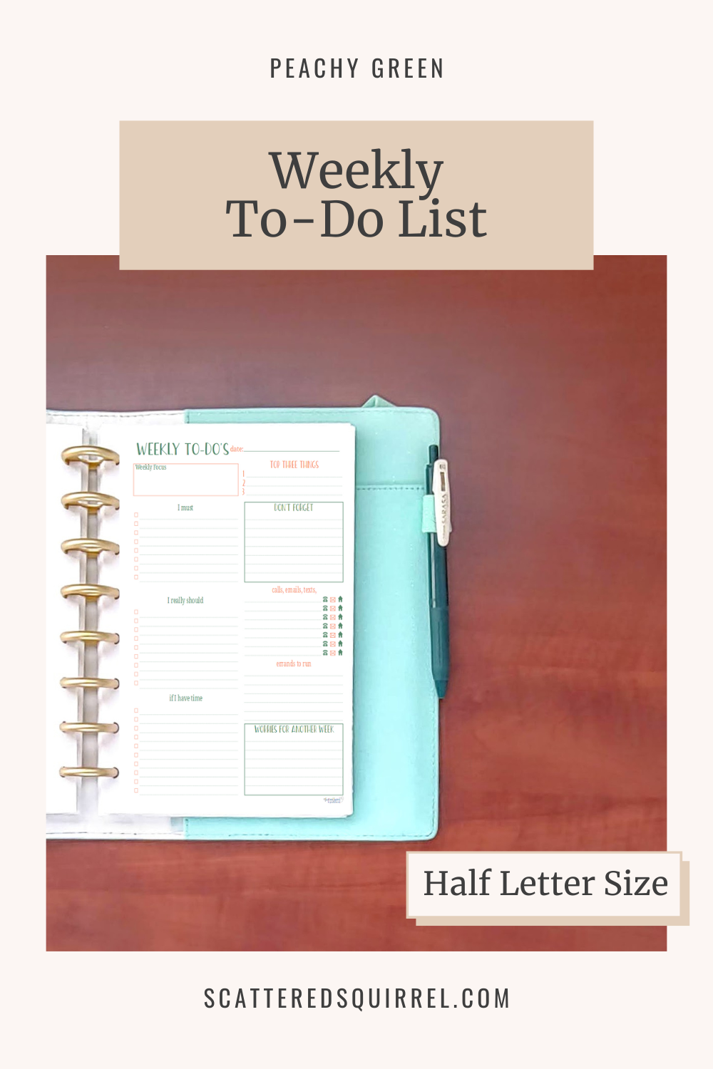 This image links to the half letter size, Weekly To-Do List printable PDF from the Peachy Green Collection.