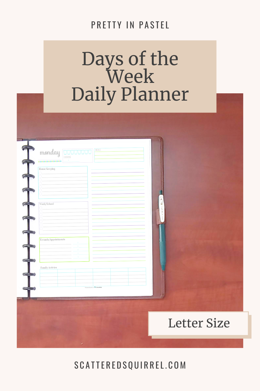 This image links to the letter size, Days of the Week Daily Planner printable PDF from the Pretty in Pastel Collection.