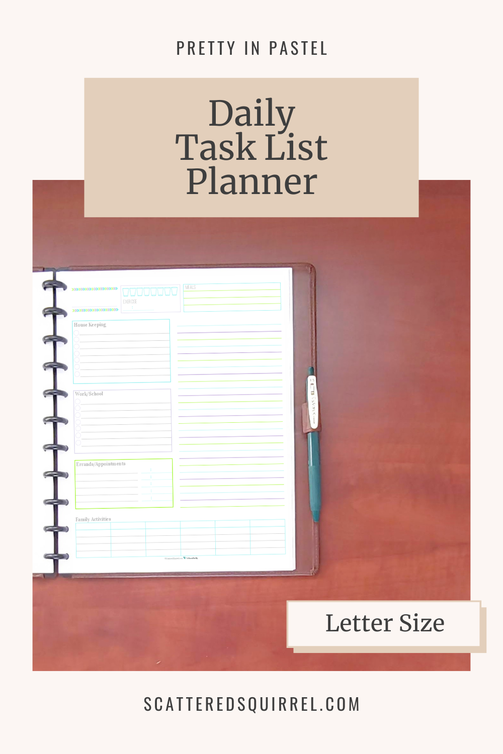 This image links to the letter size, Daily Task List Planner printable PDF from the Pretty in Pastel Collection.