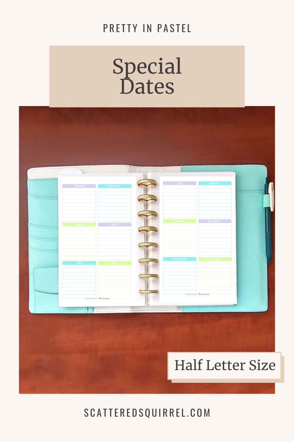 This image links to the half letter size, Special Dates printable PDF from the Pretty in Pastel Collection.