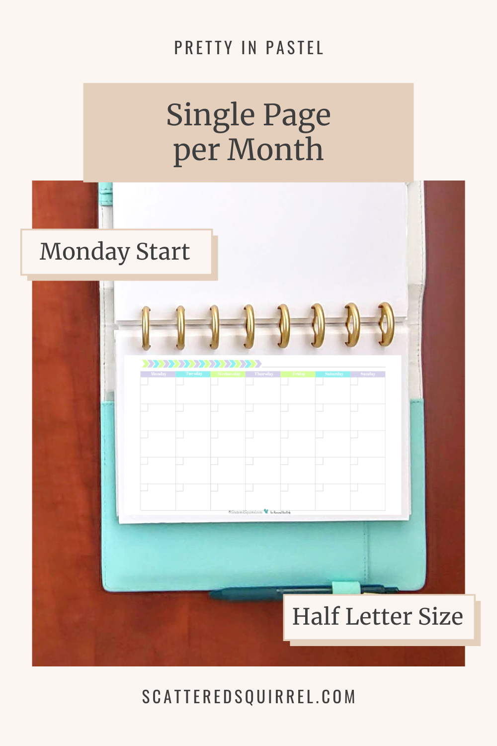 This image links to the half letter size, Monday start, Undated Single Page Monthly Calendar printable PDF from the Pretty in Pastel Collection.