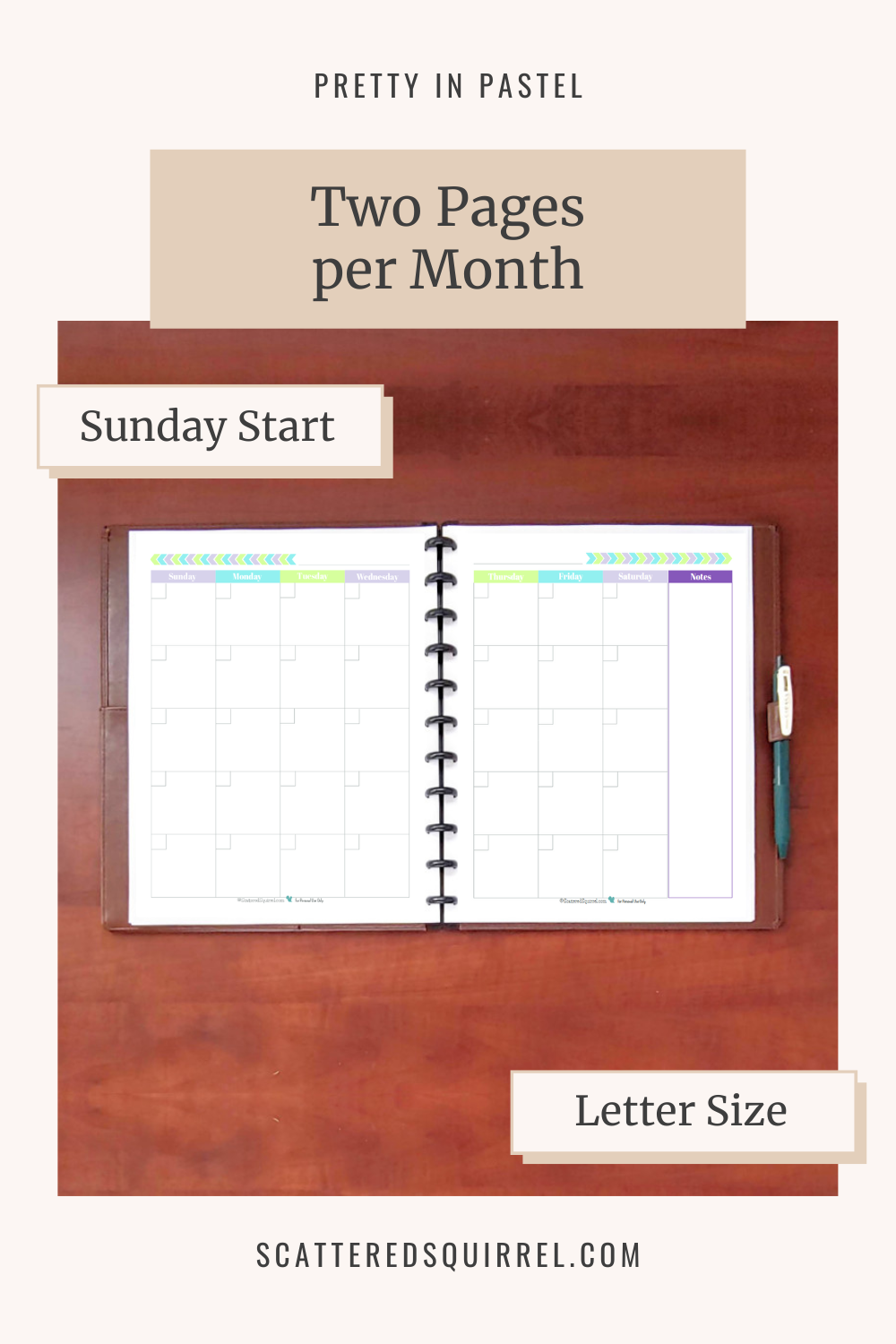 This image links to the letter size, Sunday start, Undated Two Pages per Month Calendar printable PDF from the Pretty in Pastel Collection.