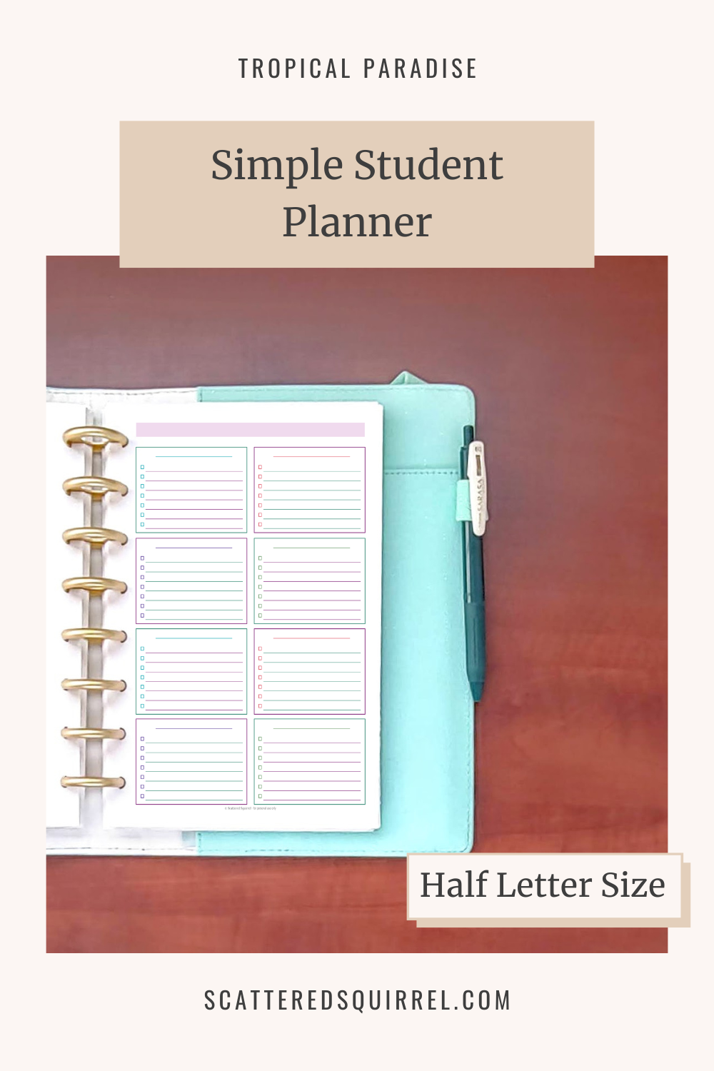 This image links to the half letter size, Simple Student Planner printable PDF from the Tropical Paradise Collection.