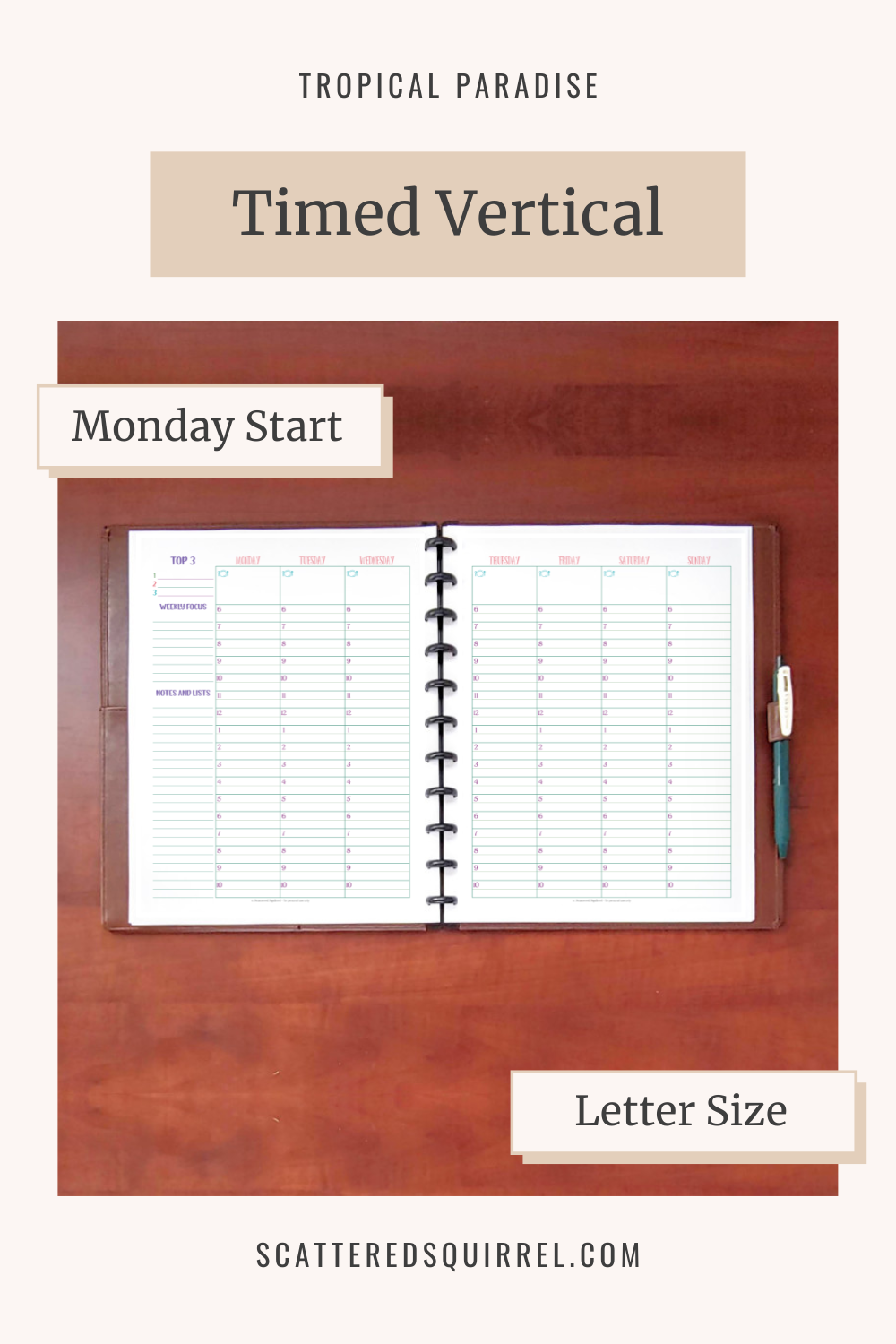 This image links to the letter size, Monday start, Time Vertical, 2 Pages per Week printable PDF from the Tropical Collection.