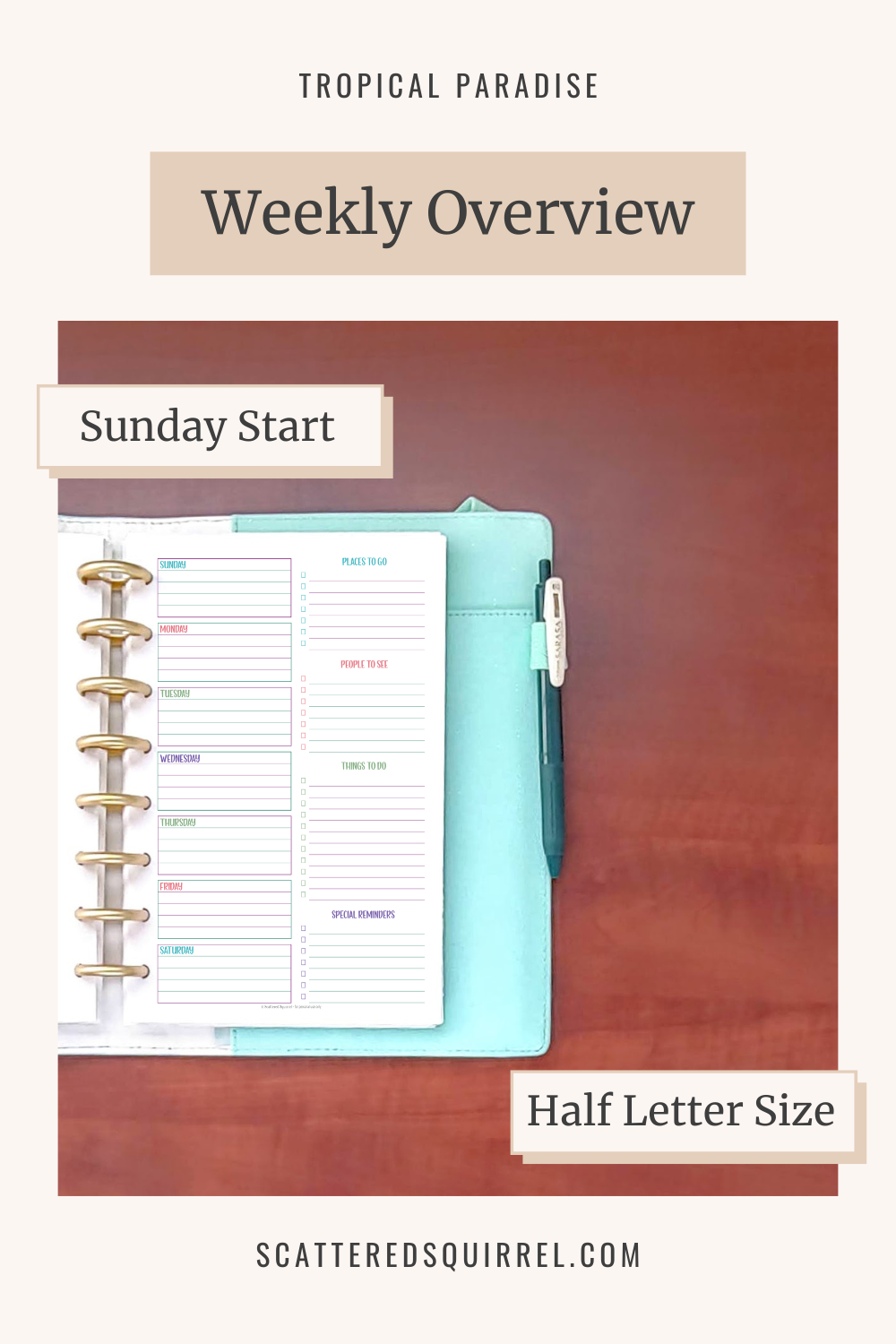 This image links to the half letter size, Sunday start, Weekly Overview printable PDF from the Tropical Collection.