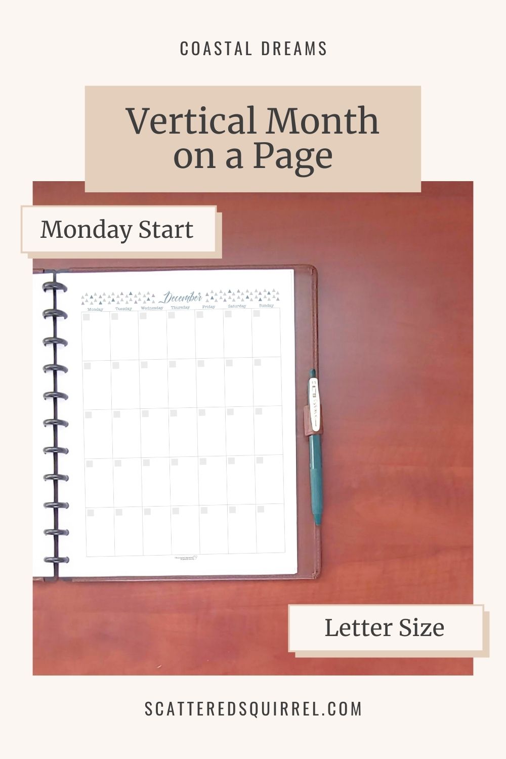 This image links to the letter size, Monday start, Vertical Month on a Page printable PDF from the Coastal Dreams Collection.