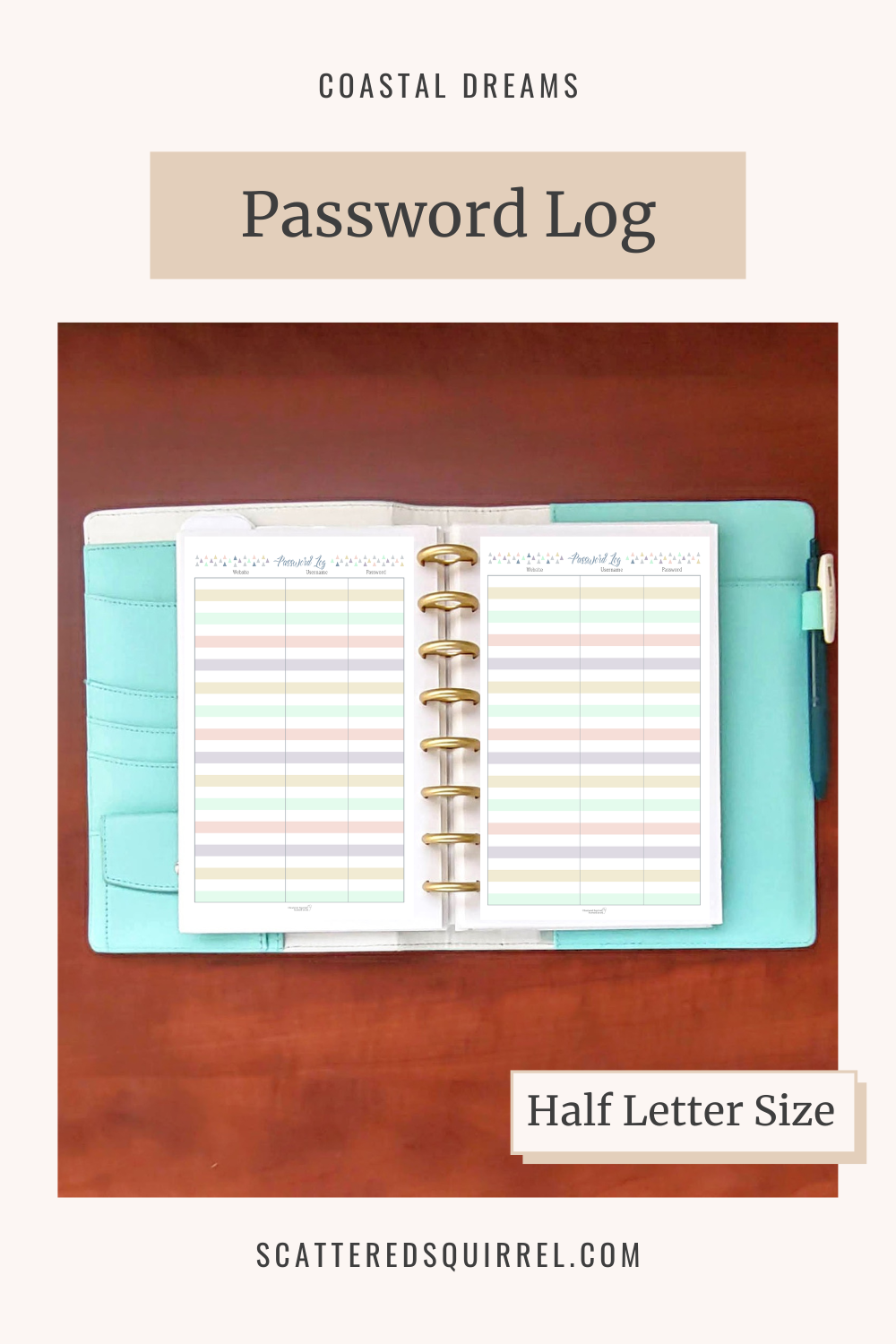 This image links to the half etter size Password Log printable PDF from the Coastal Dreams Collection.