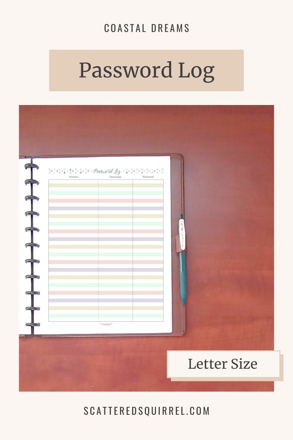This image links to the letter size Password Log printable PDF from the Coastal Dreams Collection.