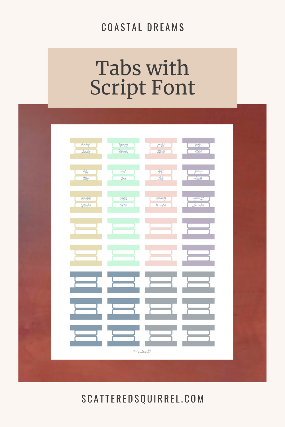 This image links to the Tabs with Script Font printable PDF from the Coastal Dreams Collection.