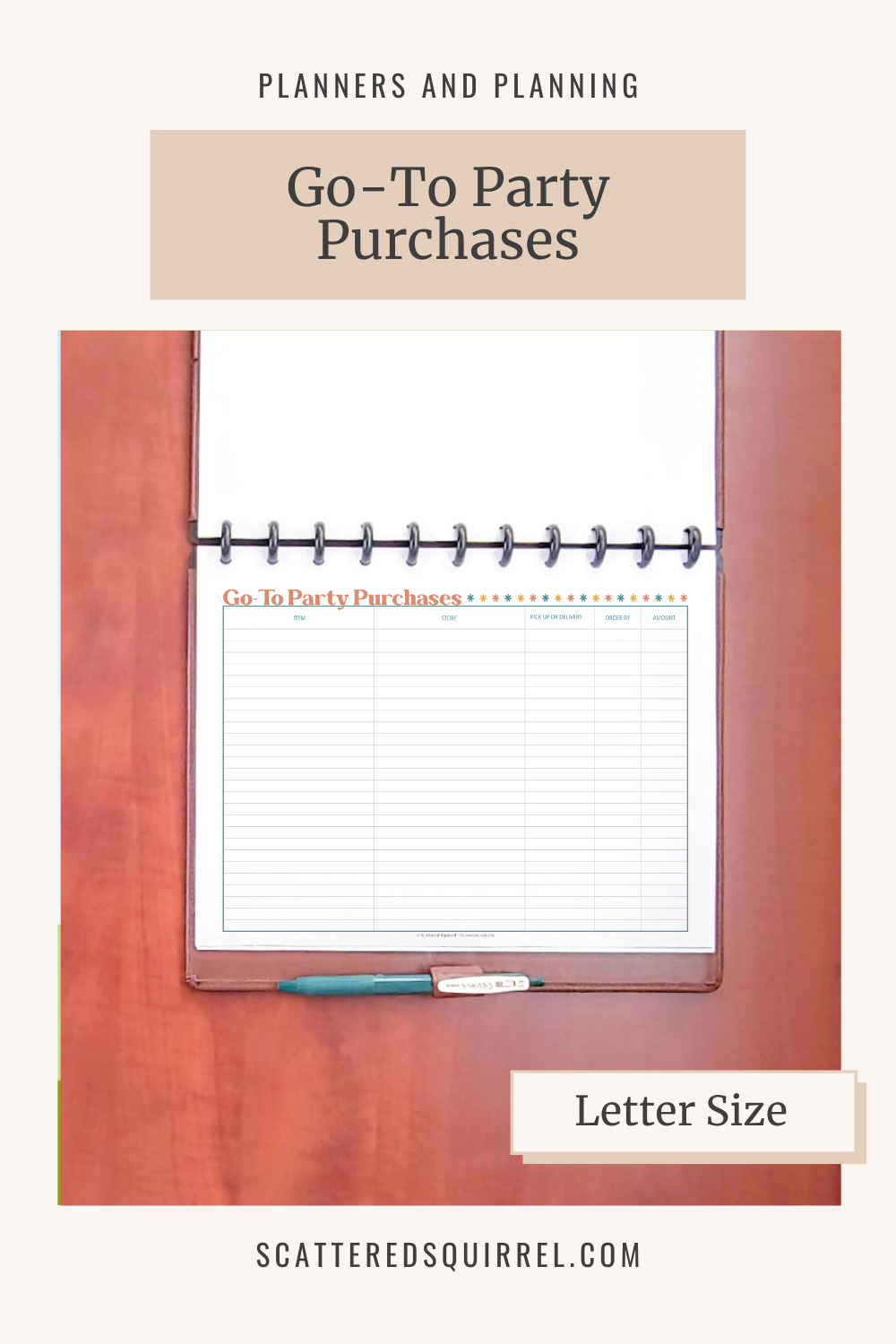 This image showcases the Go-To Party Purchases tracker in a disc bound planner. It also links to the letter size Go-To Party Purchases tracker PDF printable.