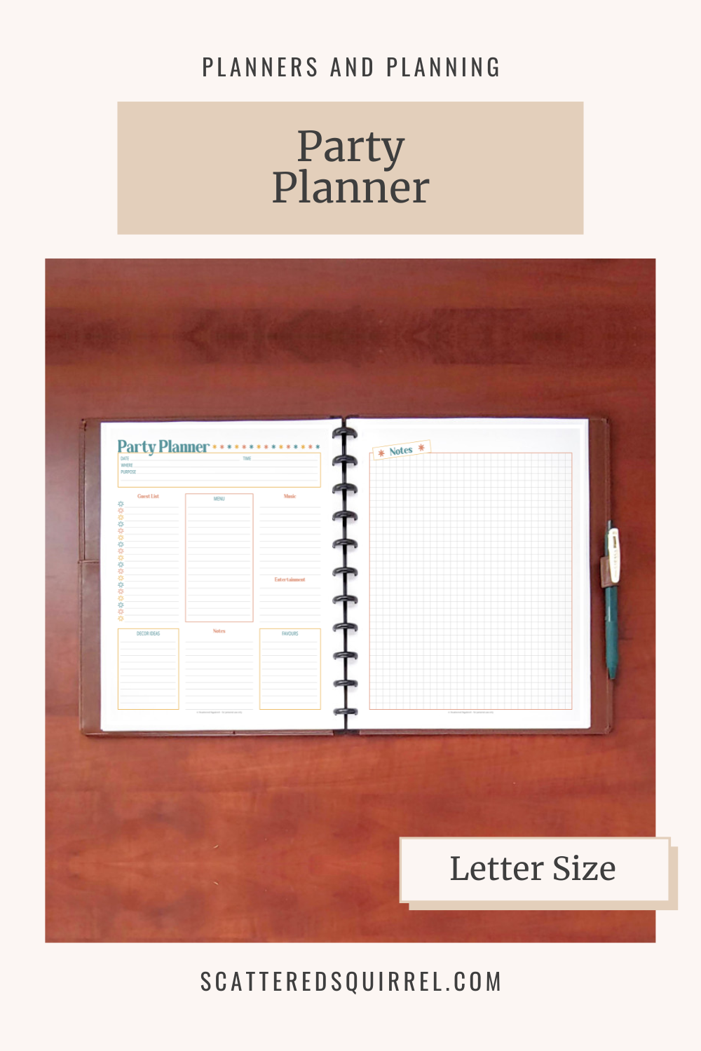 This image showcases the Party Planner printable in a disc bound planner. It also links to the letter size Party Planner PDF printable.