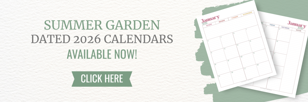 This image is a banner, letting readers know that they can click to go check out the new dated calendars for the Summer Garden Collection. This image links to Scattered Squirrel Stationery on Fourth Wall
