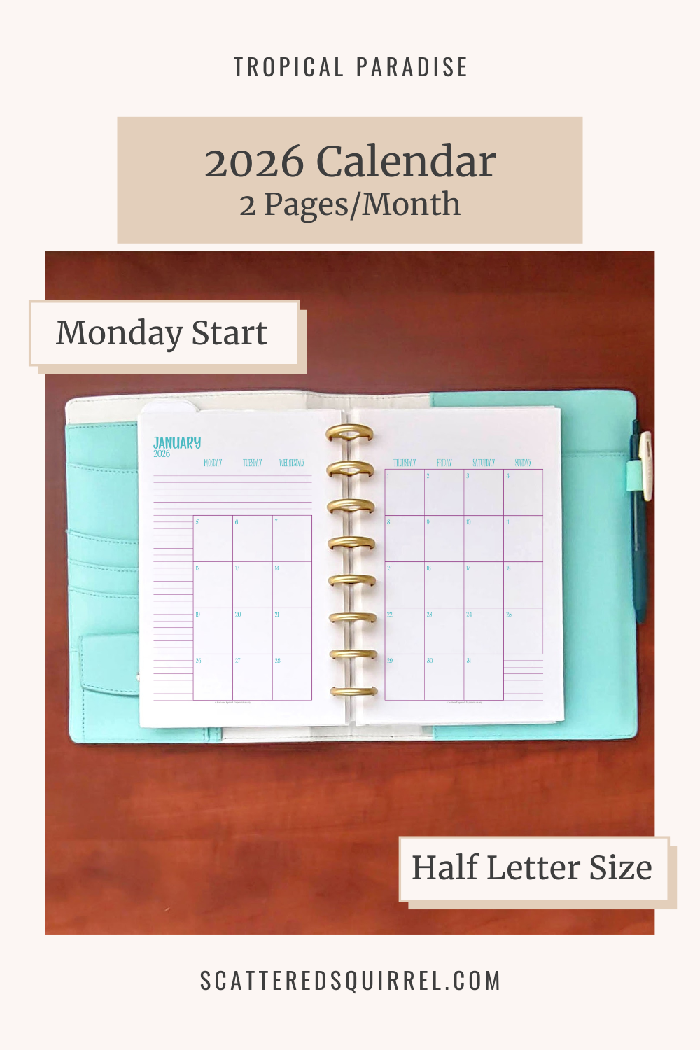 This image links to the half letter size, Monday start, 2 pages per month, 2026 calendar PDF. This printable set is part of the Tropical Paradise Collection.