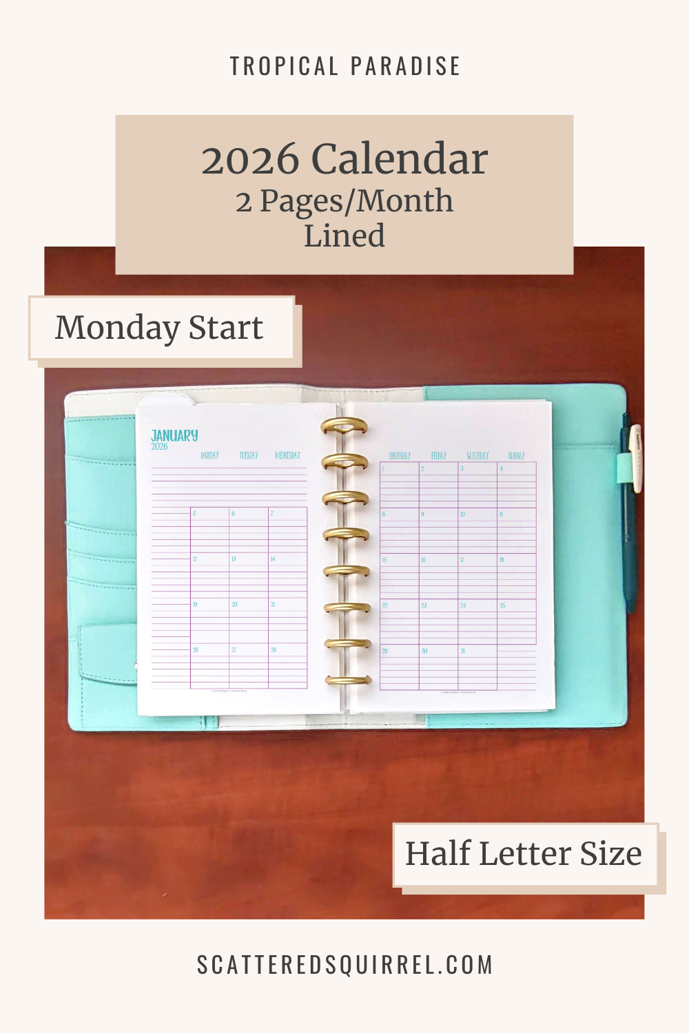 This image links to the half letter size, Monday start, lined, 2 pages per month, 2026 calendar PDF. This printable set is part of the Tropical Paradise Collection.