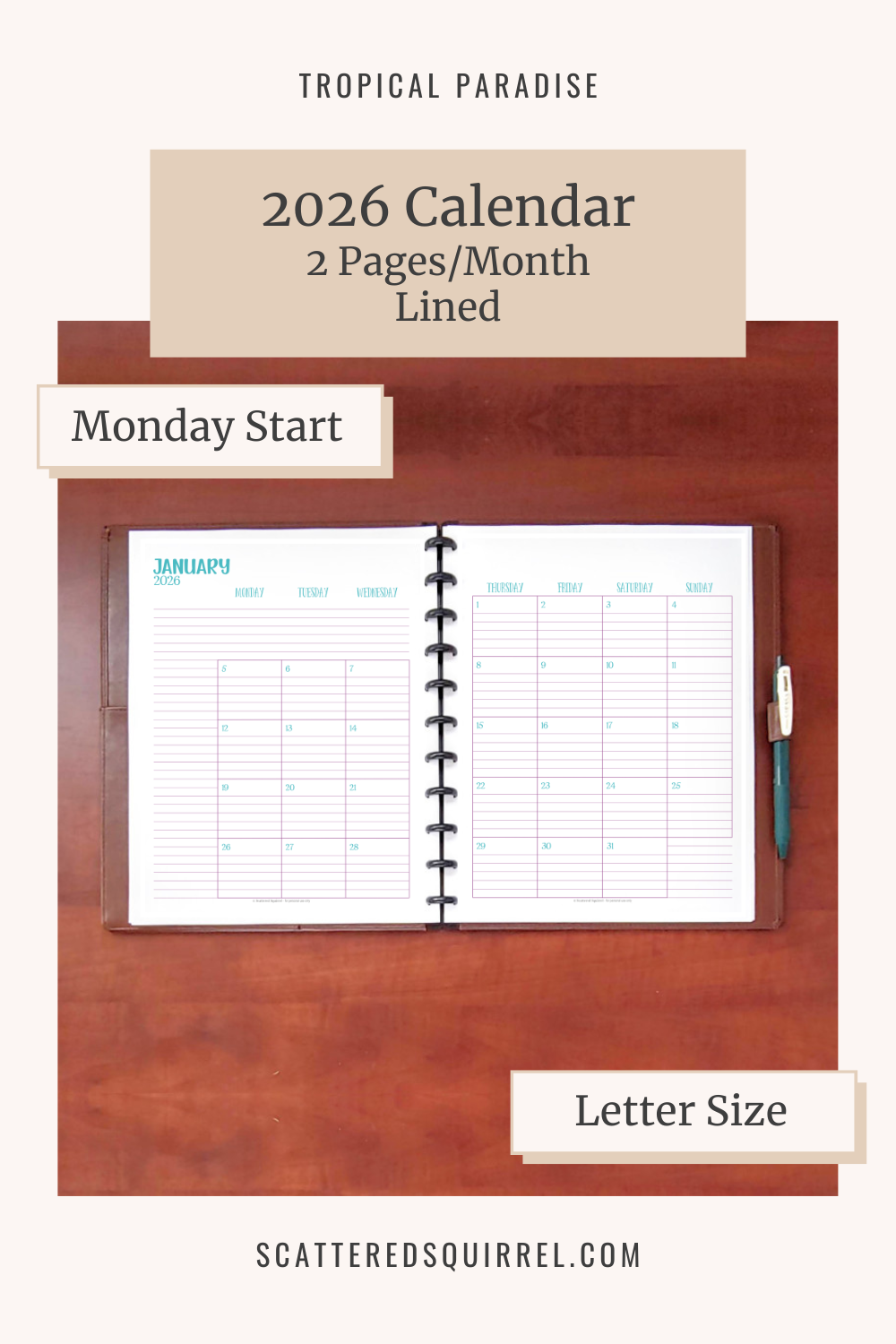 This image links to the letter size, Monday start, lined, 2 pages per month, 2026 calendar PDF. This printable set is part of the Tropical Paradise Collection.
