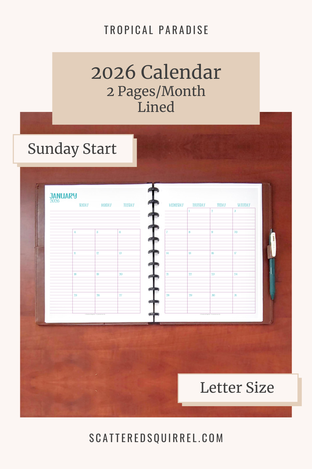This image links to the letter size, Sunday start, lined, 2 pages per month, 2026 calendar PDF. This printable set is part of the Tropical Paradise Collection.