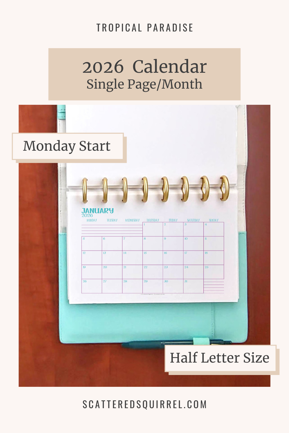 This image links to the half letter size, Monday start, single page per month, 2026 calendar PDF. This printable set is part of the Tropical Paradise Collection.