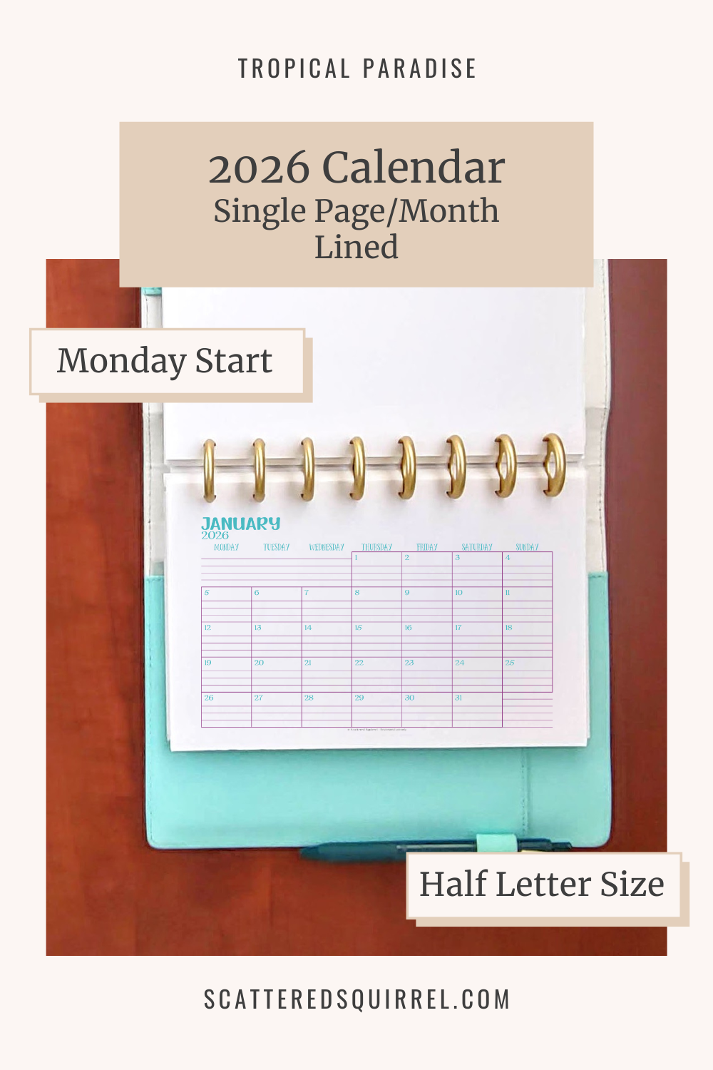 This image links to the half letter size, Monday start, lined, single page per month, 2026 calendar PDF. This printable set is part of the Tropical Paradise Collection.
