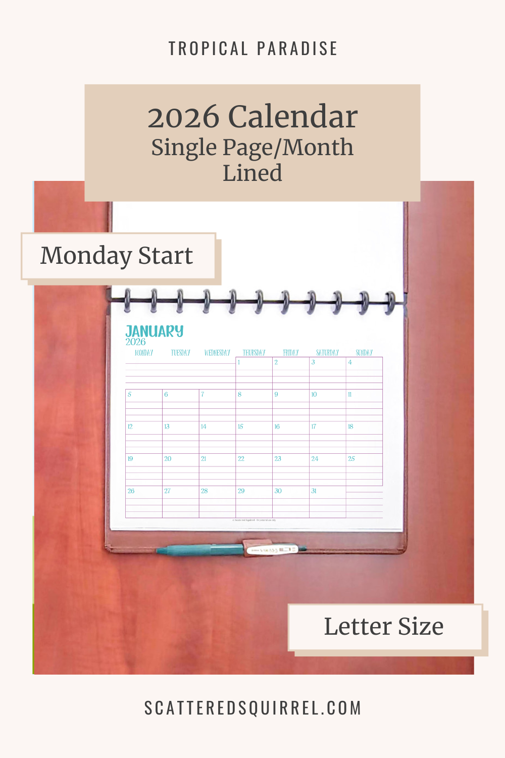 This image links to the letter size, Monday start, lined, single page per month, 2026 calendar PDF. This printable set is part of the Tropical Paradise Collection.
