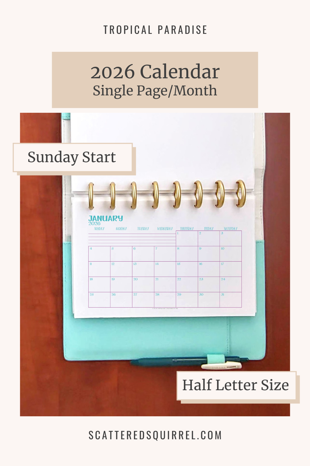 This image links to the half letter size, Sunday start, single page per month, 2026 calendar PDF. This printable set is part of the Tropical Paradise Collection.