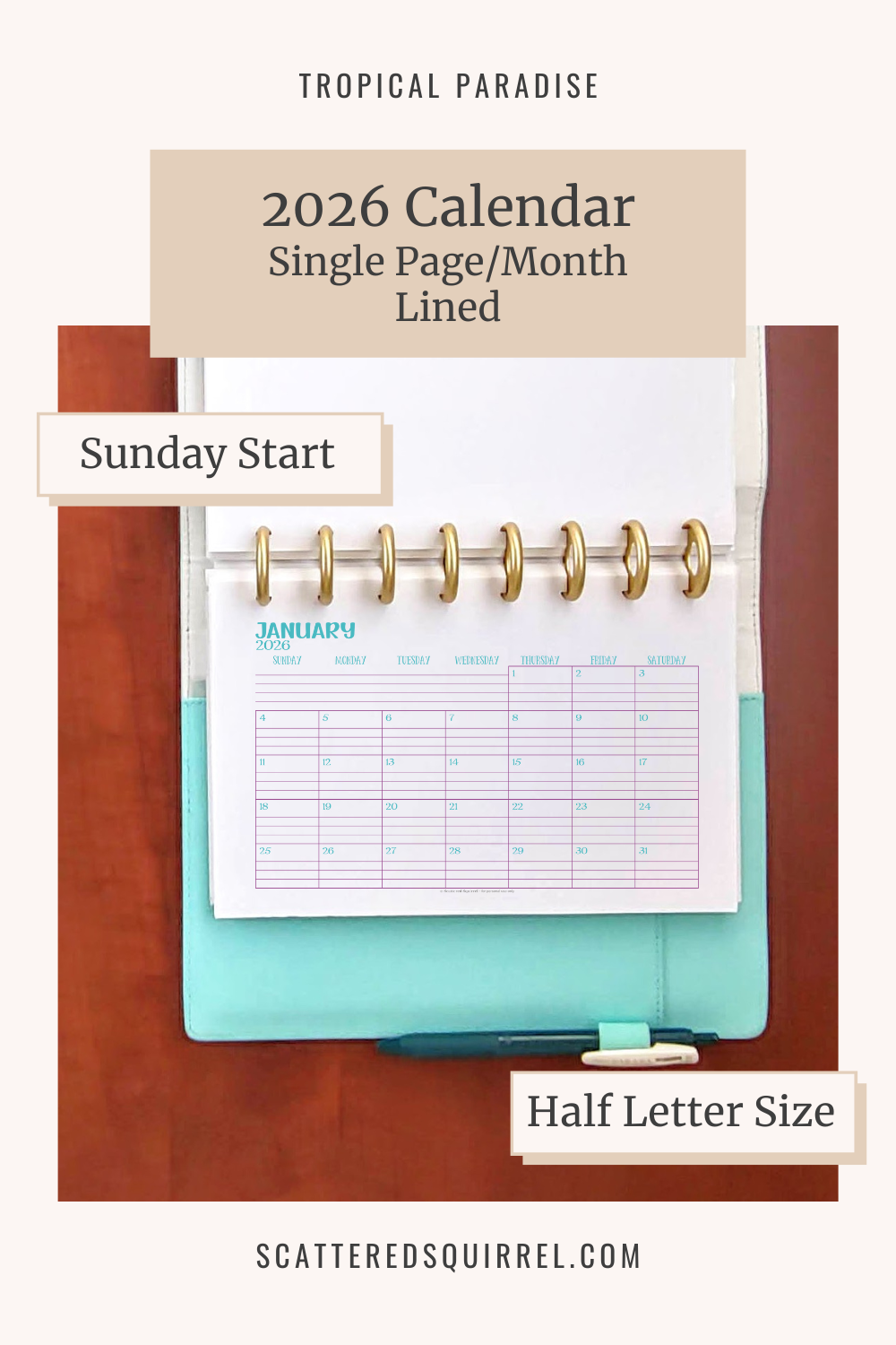 This image links to the half letter size, Sunday start, lined, single page per month, 2026 calendar PDF. This printable set is part of the Tropical Paradise Collection.