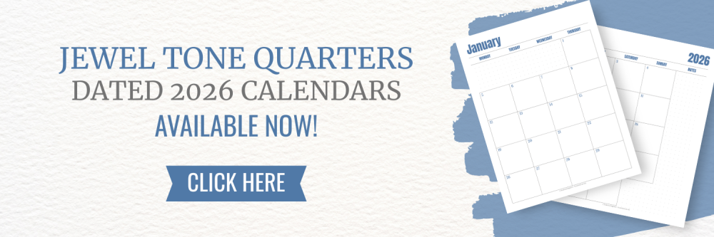 This image is a banner, letting readers know that they can click to go check out the new dated calendars for the Jewel Tone Quarters Collection. This image links to Scattered Squirrel Stationery on Fourth Wall