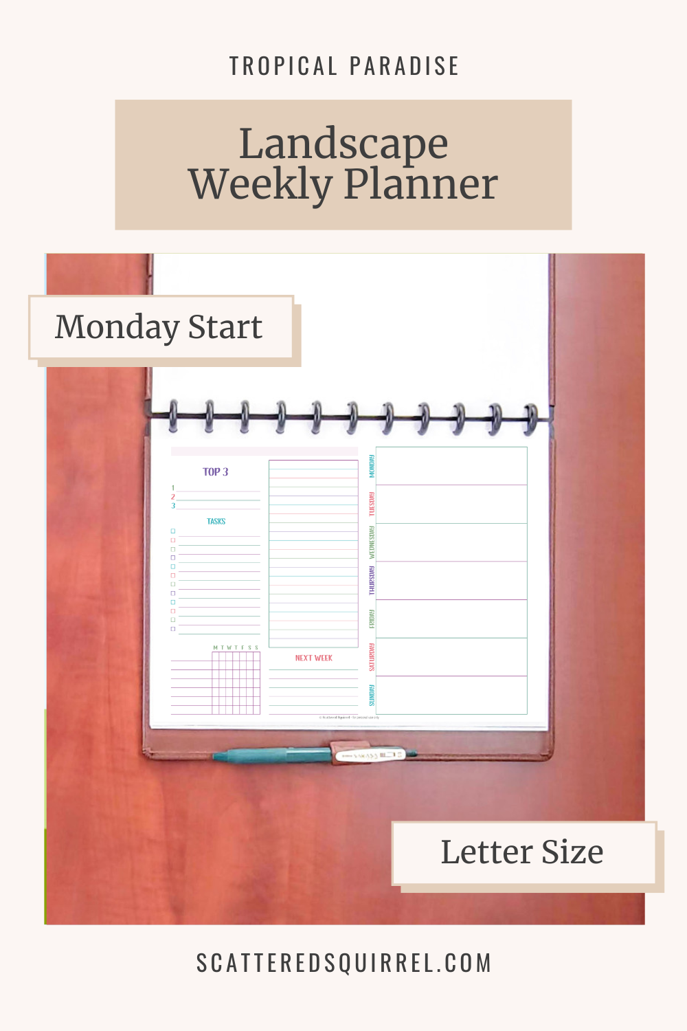 This image shows the letter size, Monday start, landscape weekly planner printable on a wooden surface. It also links to the TP-Landscape-Weekly-Monday-Start-Letter-Size PDF printable which is part of the Tropical Paradise Collection.