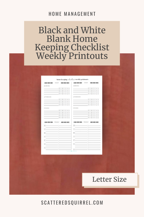 This image links to the Black and White Home Keeping Checklist Weekly Printouts PDF printable. It also shows a black and white versions of the blank home keeping checklist weekly printouts printable.