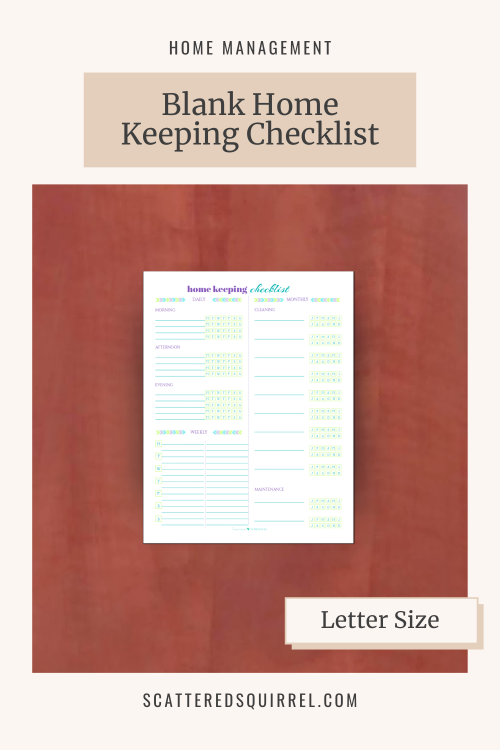 This image links to the Blank Home Keeping Checklist PDF printable. It's a picture of the home keeping checklist on a desk.