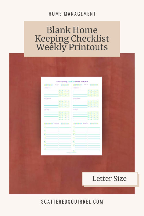 This image links to the Blank Home Keeping Checklist Weekly Printouts PDF printable. It's a picture of the weekly printout laying on a desk.