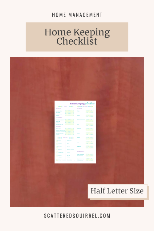 This image shows the half letter Home Keeping Checklist and it links to the Home Keeping Checklist Half Letter PDF printable.