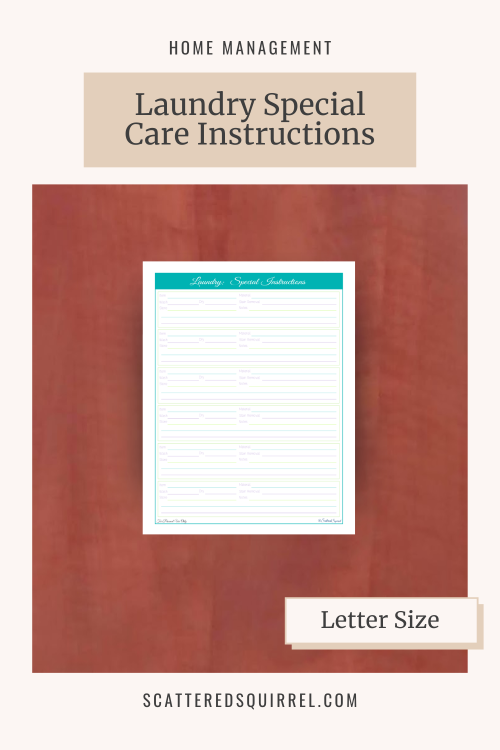 This image links to the Special Care Laundry Instructions PDF printable, which is pictured here on wooden desk.