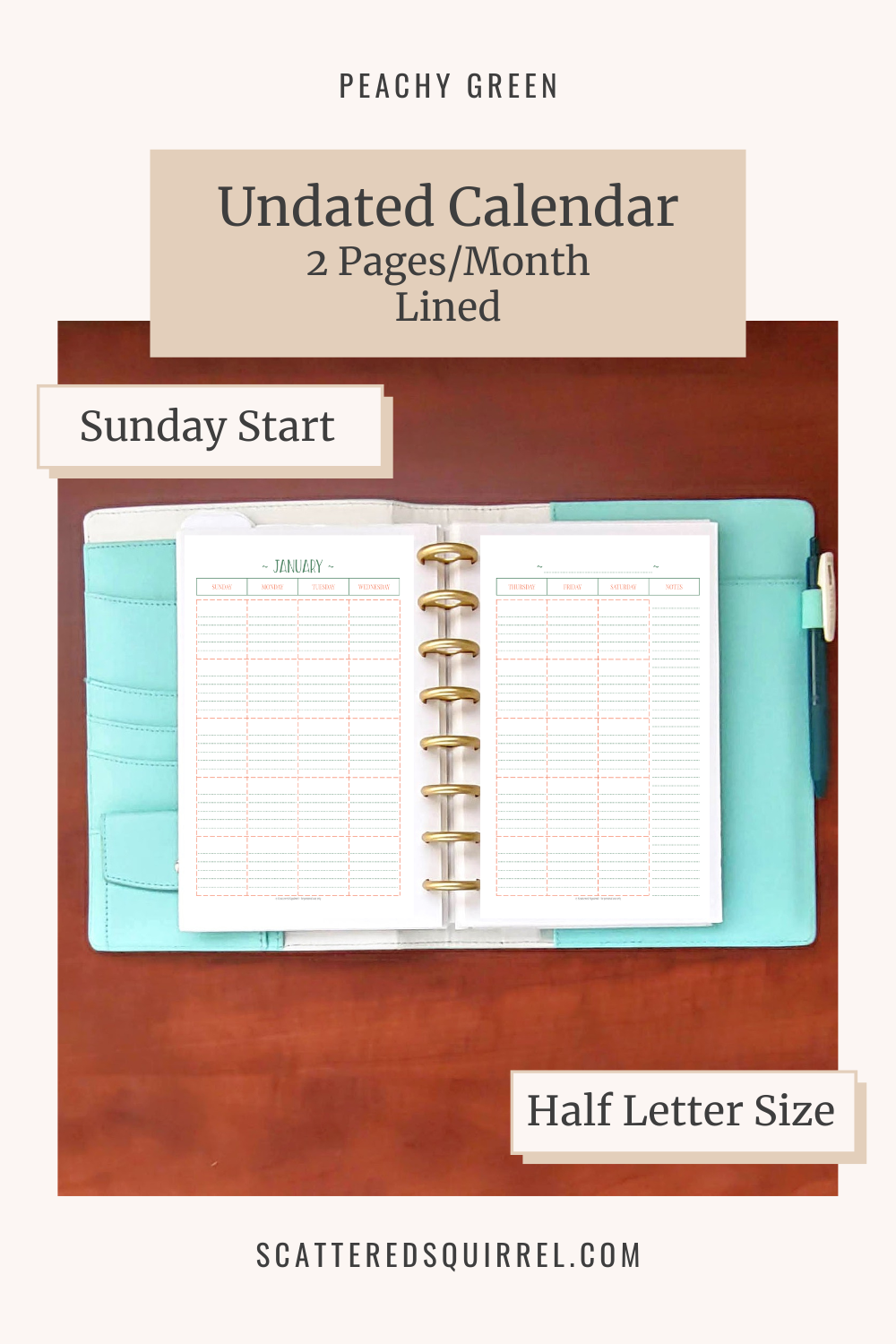 This image shows the half letter, two pages per month, Sunday start, undated calendar in the Peachy Green Collection and it links to the PG-2-Pages-Sunday-Lined-Half-Letter printable PDF.