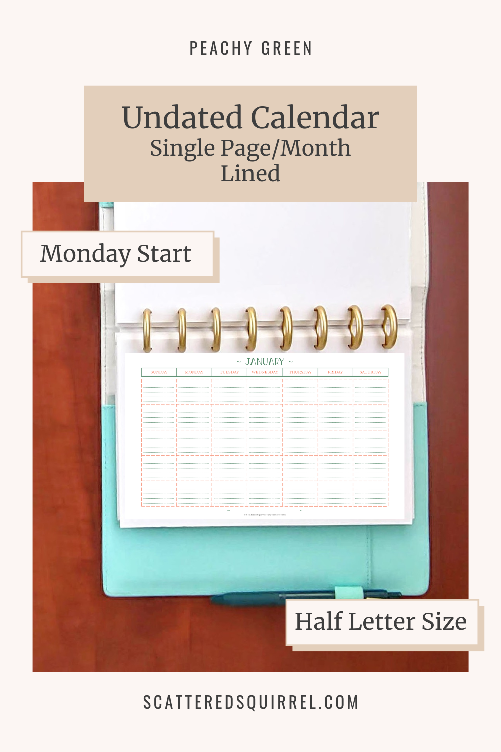 This image shows the half letter, single page per month, Monday start, undated calendar in the Peachy Green Collection and it links to the PG-Single-Page-Monday-Lined-Half-Letter printable PDF.