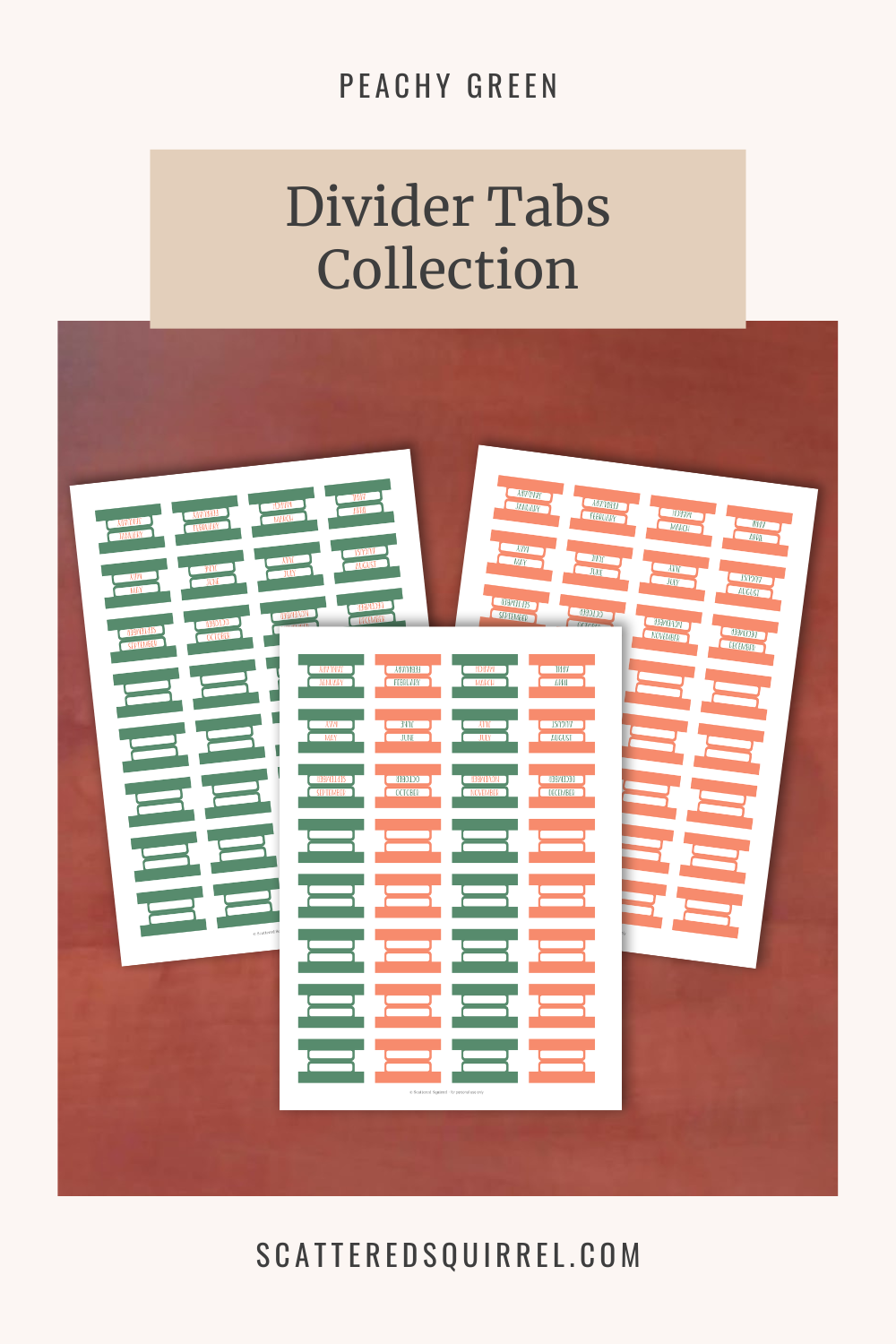 This image shows the set of printable planner tabs in the Peachy Green Collection and it links to thePG-Tabs printable PDF.