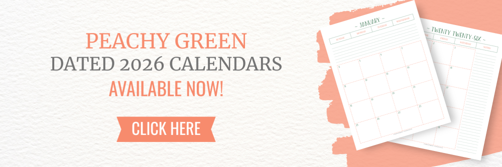 This image it a banner that is used to let readers know that they can now purchase dated calendars in the Peachy Green Collection from my shop on Fourth Wall. This image links to Scattered Squirrel Stationery on Fourth Wall