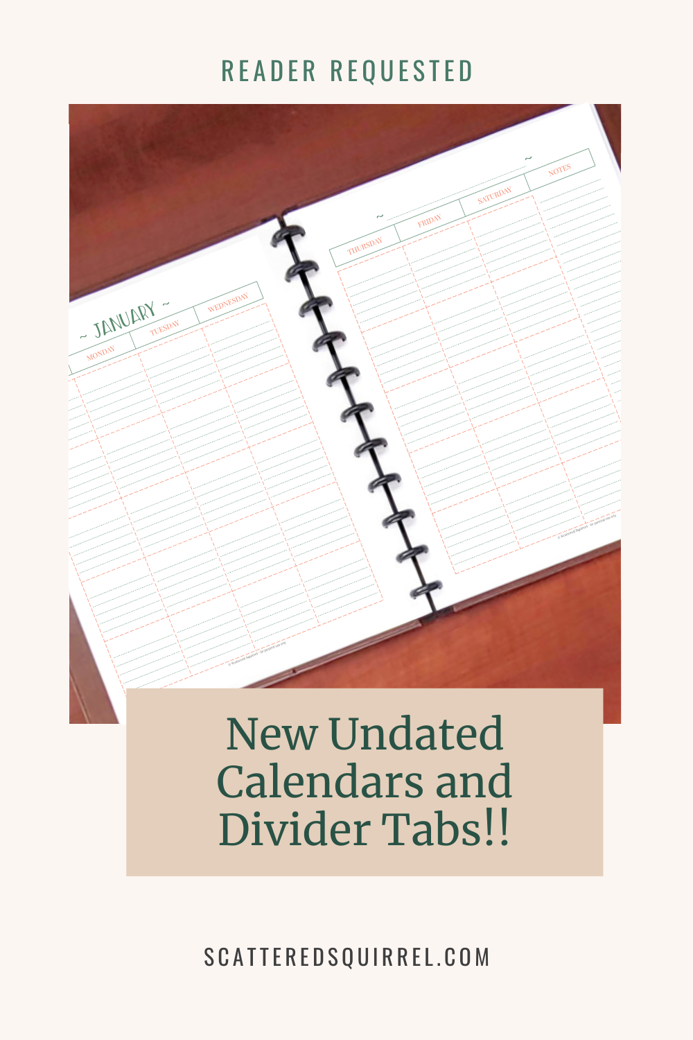 This is the post title and feature image for the post titled "September's Reader Requests - Undated Calendars and New Divider Tabs!" This image will link back to the post when found in other posts and on other pages on this site.