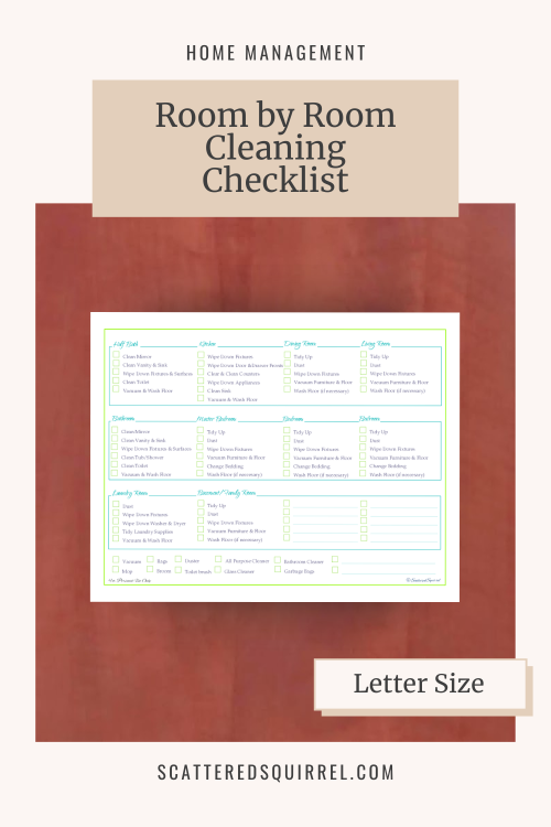 This image links to the Room by Room Cleaning Checklist PDF printable. It also shows an image of that printable lying on a wooden desk.