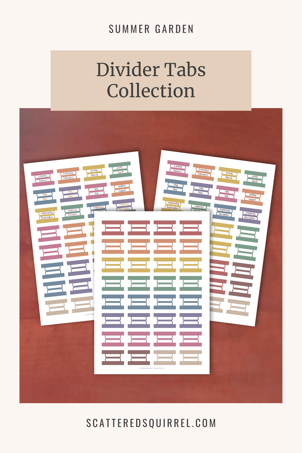 This image shows the set of printable planner tabs in the Summer Garden Collection and it links to the SG-Tabs.png printable PDF.