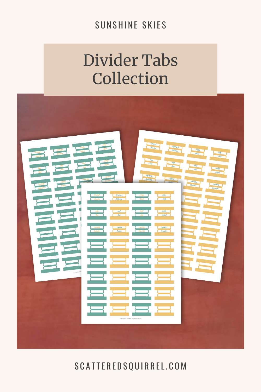 This image shows the set of printable planner tabs in the Sunshine Skies Collection and it links to the SS-Tabs printable PDF.