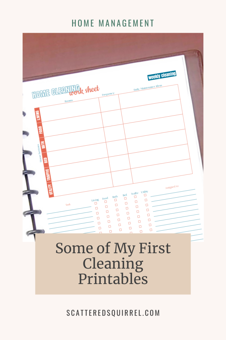 This is the title and feature image for the post "Some of the My First Cleaning Printables" It shows a picture of a home cleaning worksheet in a planner with the title of the post in dark text in a beige box at the bottom. This image will link to the post when it appears on other pages on the site.
