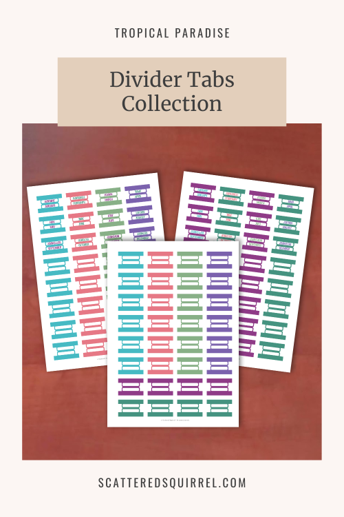 his image shows the set of printable planner tabs in the Tropical Paradise and it links to the TP-Tabs printable PDF.