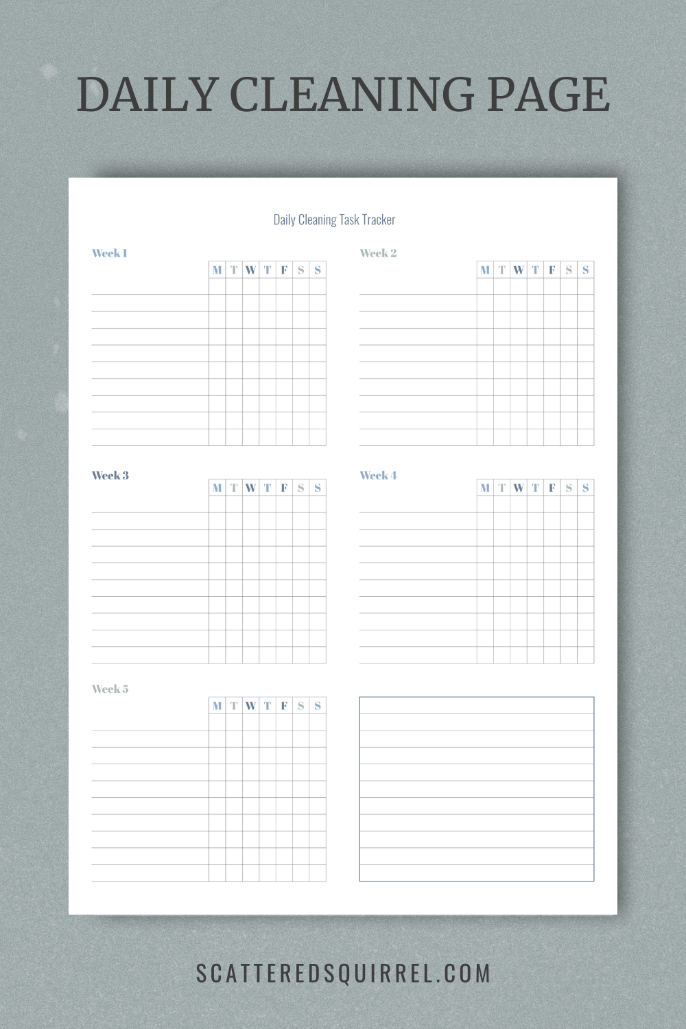 Here we have the daily cleaning page from the Annual Cleaning Schedule printable. It show five weekly habit trackers, one for each week of the month, with a sixth box for notes. There's room in each track for 10 daily cleaning tasks.