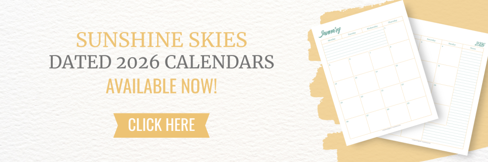 This image it a banner that is used to let readers know that they can now purchase dated calendars in the Sunshine Skies Collection from my shop on Fourth Wall. This image links to Scattered Squirrel Stationery on Fourth Wall