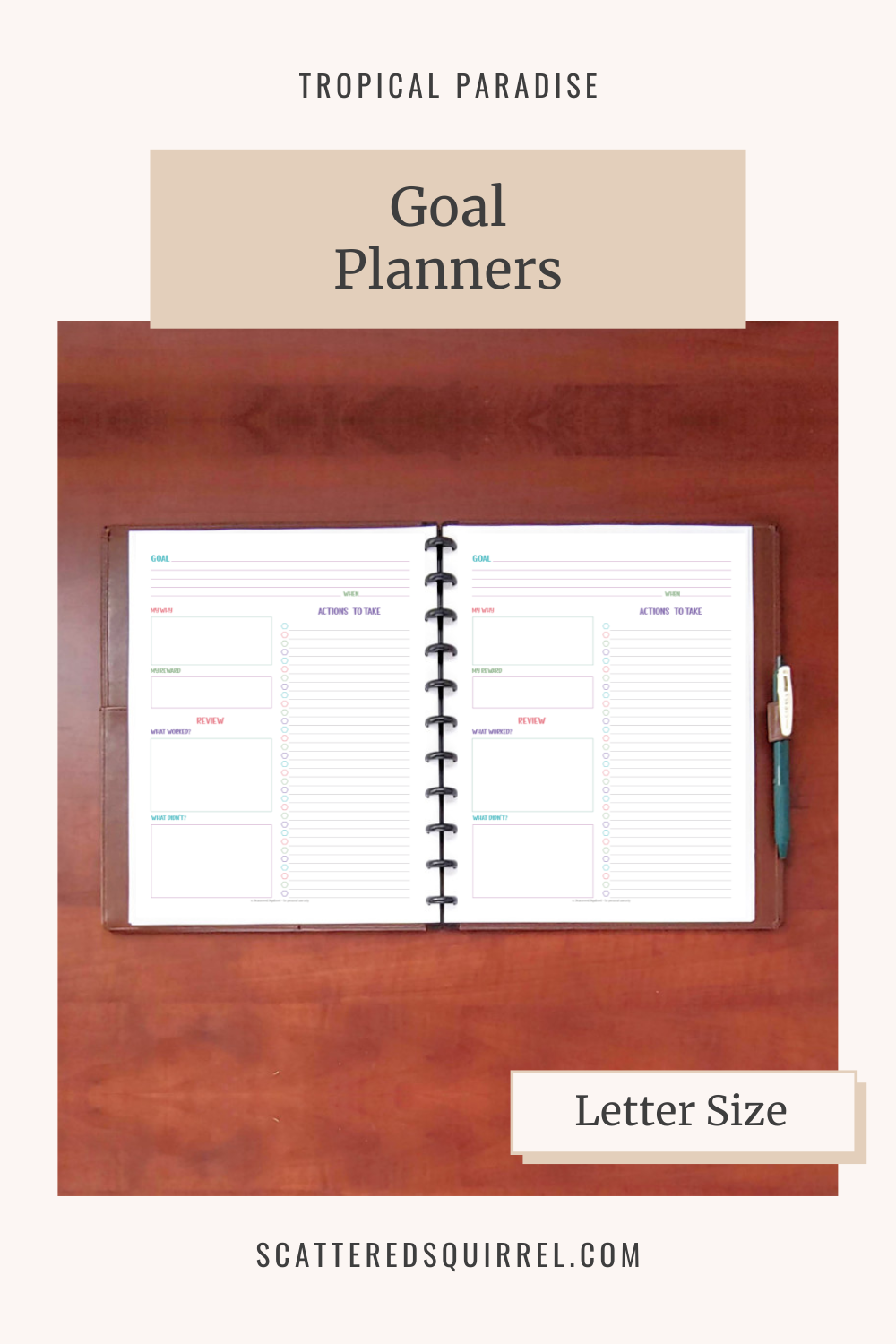This image shows the letter size Goal Planner for the Tropical Paradise Collection and links to the TP-Goal-Planner PDF so that readers can easily access a copy.