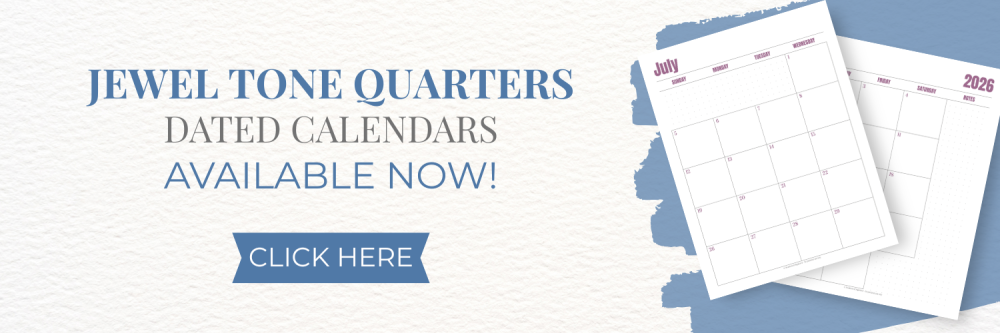 This image is a banner, letting readers know that they can click to go check out the new dated calendars for the Jewel Tone Quarters Collection. This image links to Scattered Squirrel Stationery on Fourth Wall