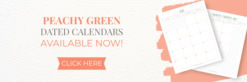 This image it a banner that is used to let readers know that they can now purchase dated calendars in the Peachy Green Collection from my shop on Fourth Wall. This image links to Scattered Squirrel Stationery on Fourth Wall