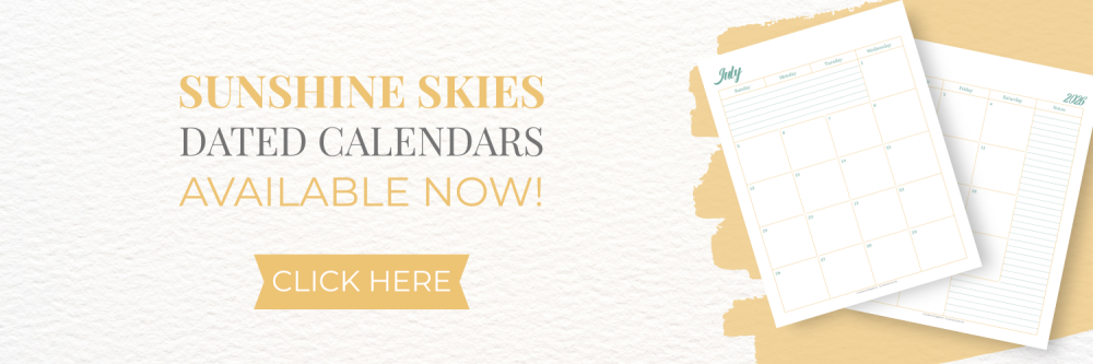 This image it a banner that is used to let readers know that they can now purchase dated calendars in the Sunshine Skies Collection from my shop on Fourth Wall. This image links to Scattered Squirrel Stationery on Fourth Wall